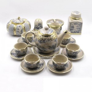 Bộ ấm chén men rạn bọc đồng dáng Minh Long đầy đủ phụ kiện